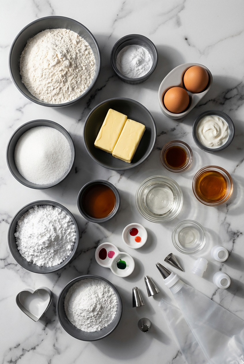 Flat lay of all-purpose flour, meringue powder, and a heart-shaped cookie cutter for valentine sugar cookies on a contemporary countertop.