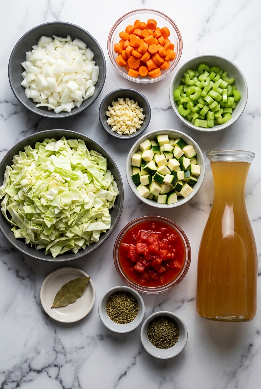 Flat lay of raw ingredients for Weight Loss Cabbage Soup including cabbage, mirepoix, and nutritional yeast on a contemporary countertop.