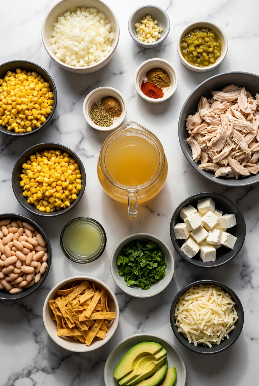 Flat lay of white chicken chili recipe ingredients including Cannellini beans, Rotisserie chicken, and Poblano peppers on marble.