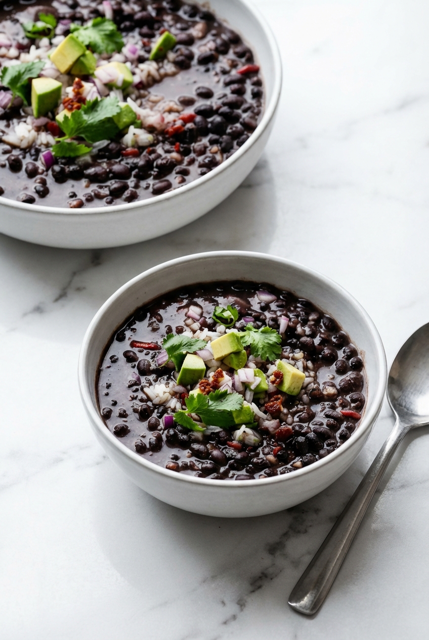Instant Pot Black Bean Soup served in minimalist ceramic bowls on white marble with soft shadows and fresh garnish.
