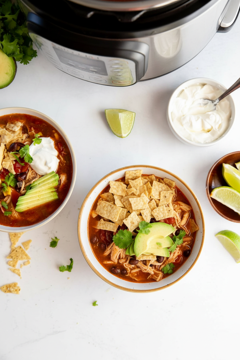 Instant pot chicken tortilla soup in a minimalist ceramic vessel on white marble, thickened with toasted tortillas.
