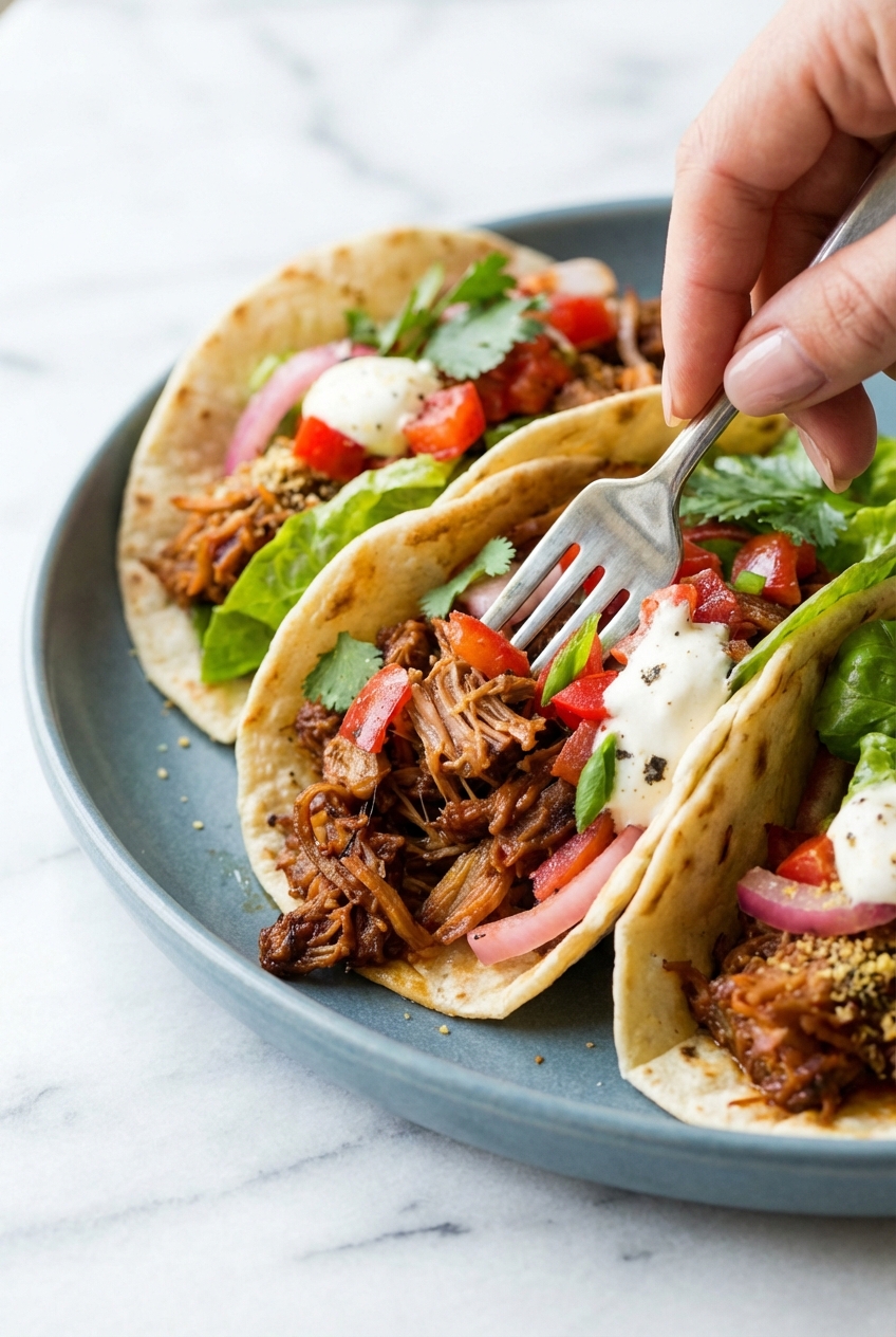Macro view of Jackfruit Tacos showing intense caramelization and the Maillard reaction on fibers, served in a minimalist ceramic vessel.