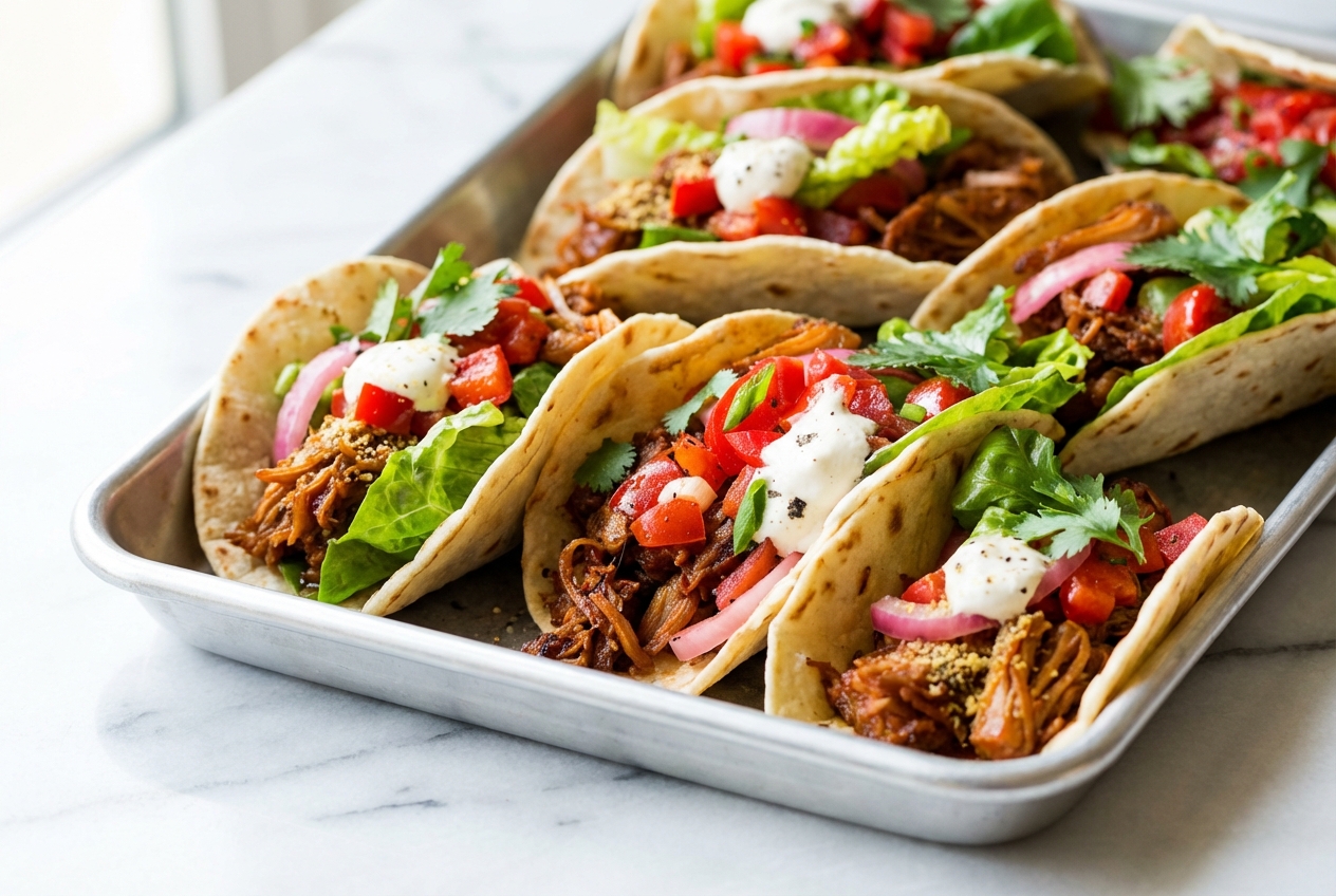 Seared Jackfruit Tacos with a nutritional yeast and coconut oil umami infusion on a white marble surface in natural light.