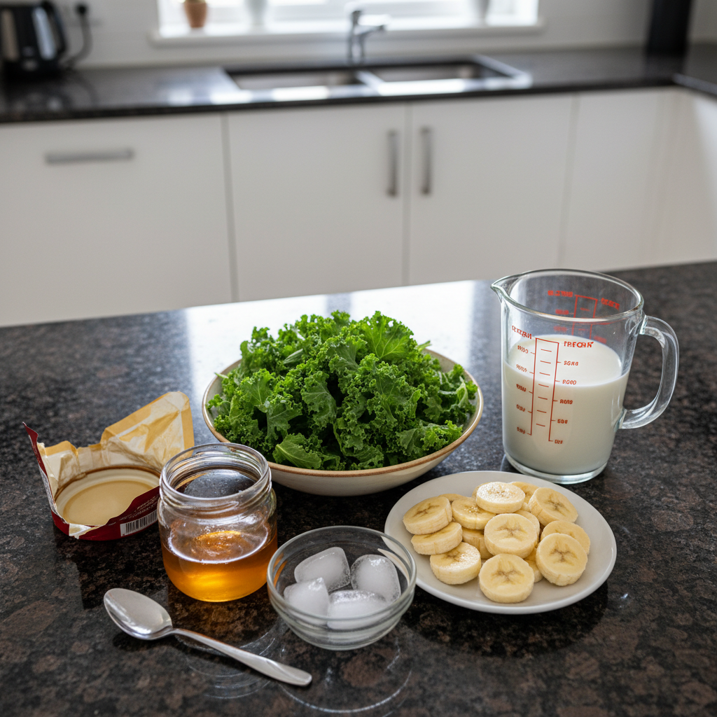 Fresh kale leaves, ripe bananas, almond milk, and ice cubes laid out as ingredients for a kale banana smoothie.