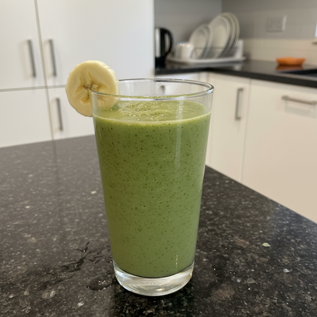 A vibrant green kale banana smoothie in a tall glass with a straw, garnished with a banana slice and kale leaf.