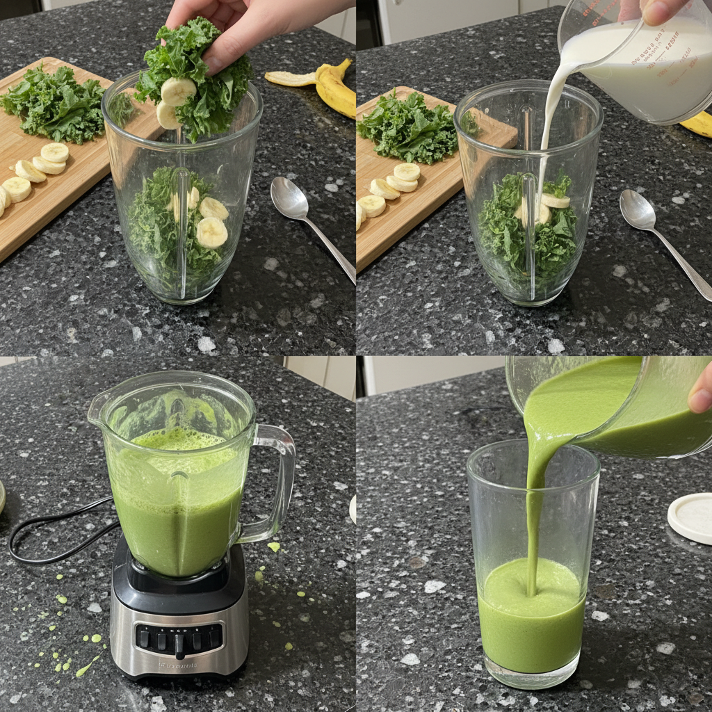 A blender filled with fresh kale, sliced bananas, and almond milk, ready to be blended into a kale banana smoothie.