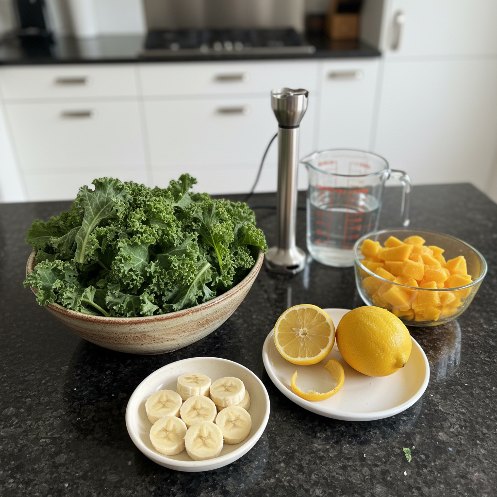 Fresh kale leaves, sliced oranges, lemons, ginger, and a banana laid out for a Kale Citrus Smoothie recipe.