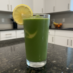 A vibrant green Kale Citrus Smoothie in a glass with a straw, garnished with an orange slice.