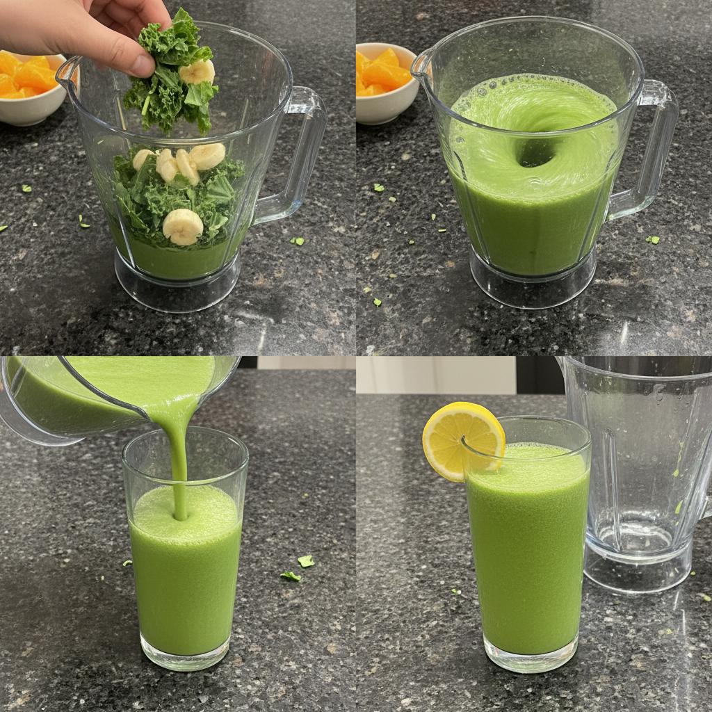A hand pouring a freshly blended Kale Citrus Smoothie from a blender into a tall glass.