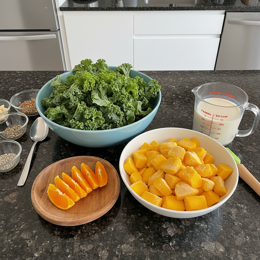 Fresh ingredients for a delicious kale mango smoothie, including vibrant kale, ripe mango, and a banana, on a wooden board.