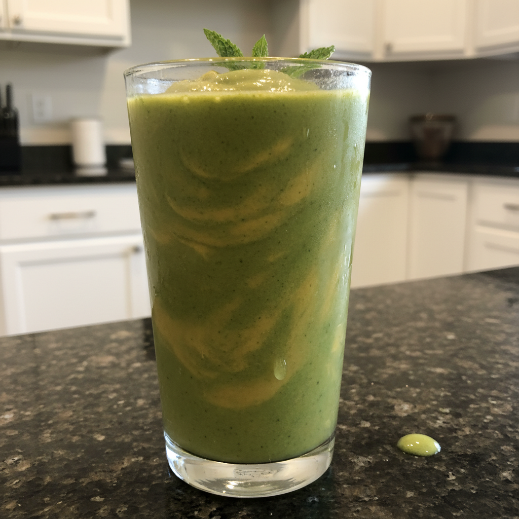 A vibrant green kale mango smoothie in a clear glass with a straw, garnished with fresh mint.
