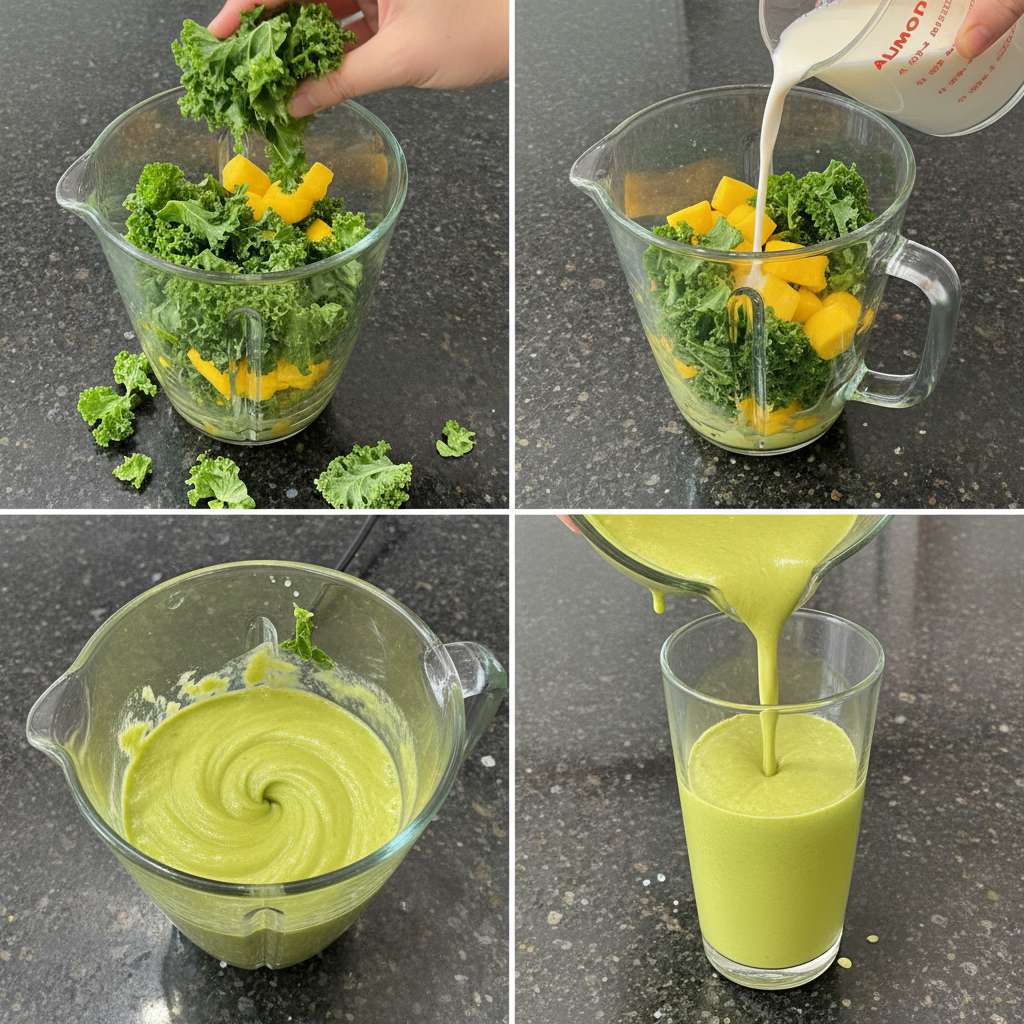 A high-speed blender processing vibrant kale, ripe mango, and other fruits into a smooth kale mango smoothie.