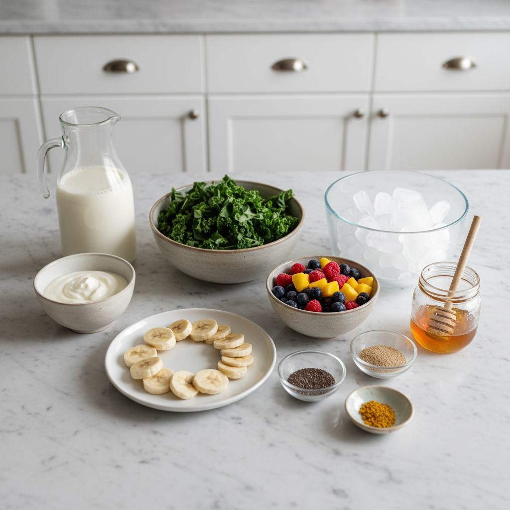 Fresh ingredients for a healthy Kale Smoothie, including kale, spinach, banana, almond milk, and chia seeds, laid out on a wooden board.
