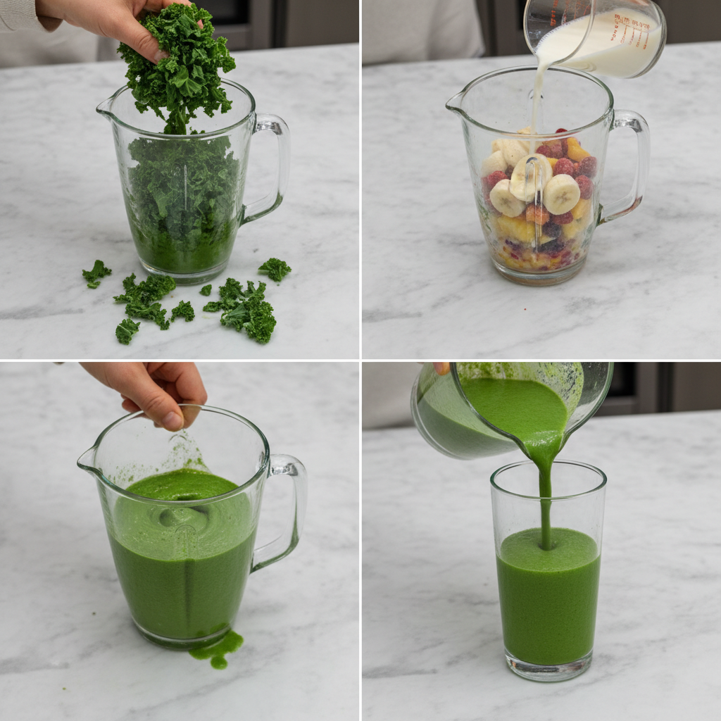 A person adding fresh kale leaves and banana slices into a high-speed blender for a Kale Smoothie.