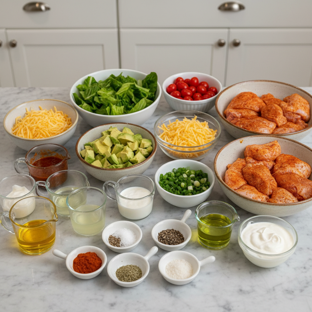 Fresh ingredients for Keto Chipotle Chicken Bowls, including chicken, avocado, cilantro, lime, and chipotle peppers, arranged on a rustic surface.