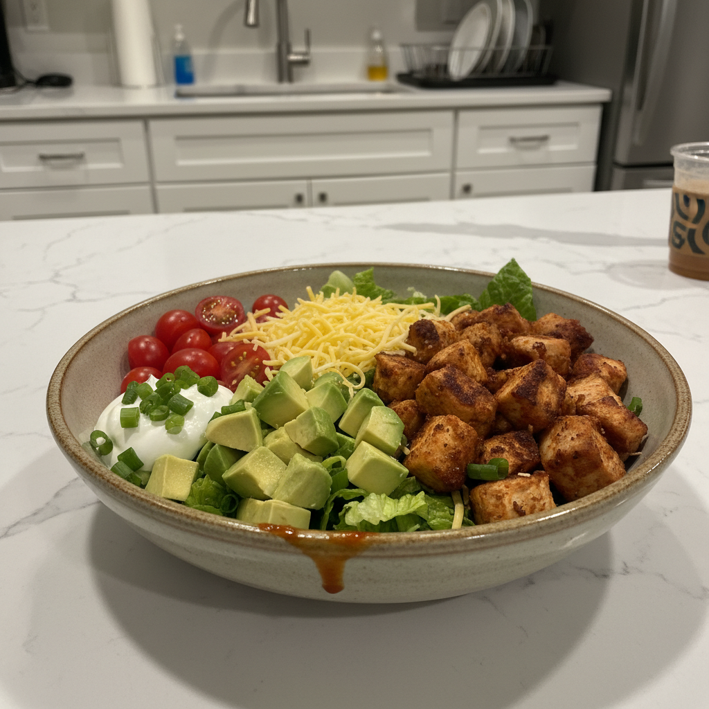 A vibrant Keto Chipotle Chicken Bowl with tender chicken, creamy avocado, fresh cilantro, and spicy salsa.
