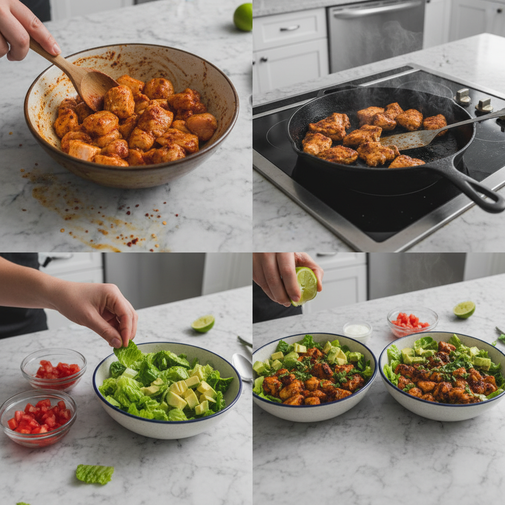 Assembling a vibrant Keto Chipotle Chicken Bowl, layering seasoned chicken, creamy avocado, and fresh salsa for a delicious meal.