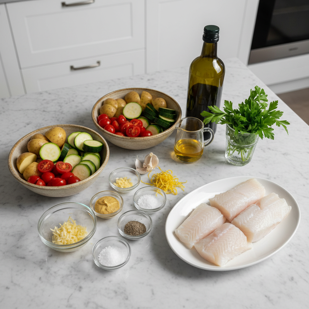 Fresh raw ingredients laid out for preparing Lemon Garlic Cod with Vegetables, including cod fillets, lemons, garlic, and assorted vegetables.