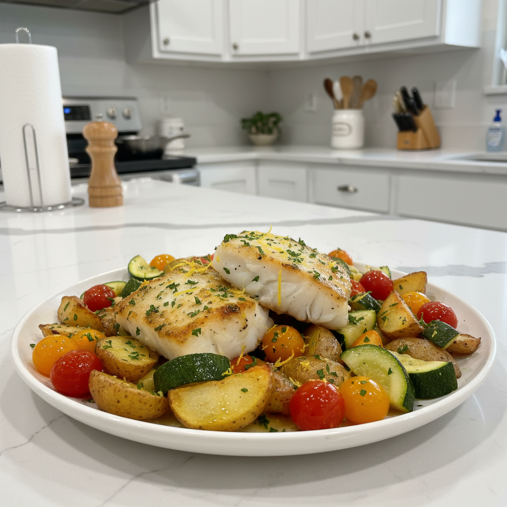 A beautifully plated dish of Lemon Garlic Cod with Vegetables, garnished with fresh parsley.