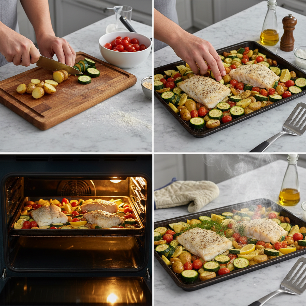 Hands arranging seasoned Lemon Garlic Cod with fresh vegetables on a baking sheet, ready for the oven.