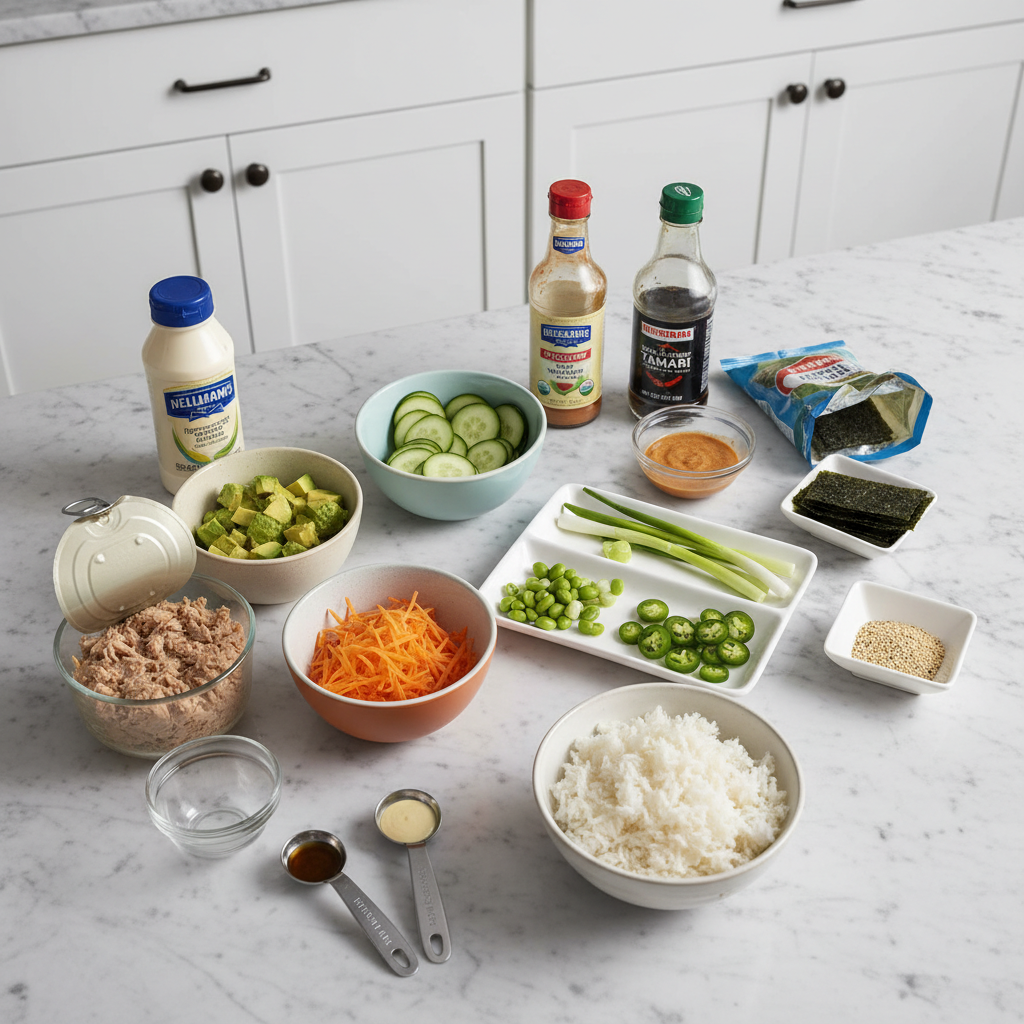 Assorted fresh ingredients laid out for a Light Tuna Dinner Bowl, including canned tuna, crisp vegetables, and herbs.