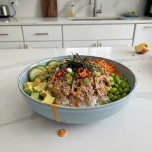 A vibrant Light Tuna Dinner Bowl with flaked tuna, mixed greens, cherry tomatoes, and a light dressing.