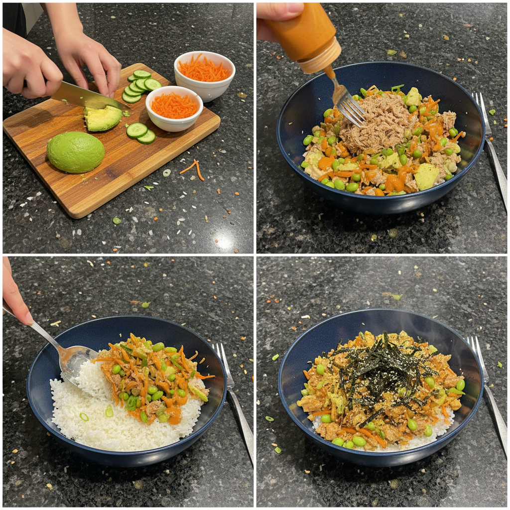 Hands gently tossing fresh greens and flaked tuna together in a bowl, preparing a Light Tuna Dinner Bowl.