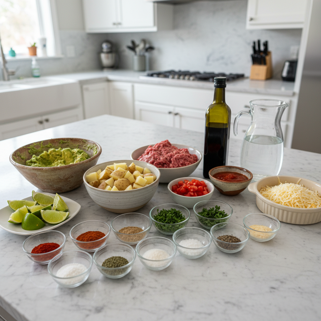 A colorful array of fresh ingredients laid out, including potatoes, ground beef, cheese, and vegetables, for a Loaded Potato Taco Bowl.