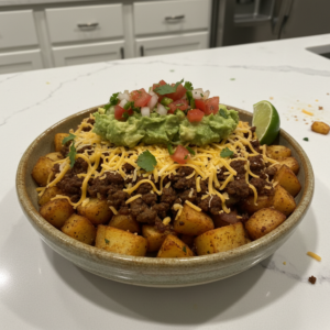 A vibrant Loaded Potato Taco Bowl, packed with crispy potatoes, seasoned ground meat, and fresh toppings, ready to enjoy.