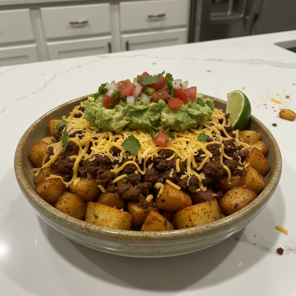 A vibrant Loaded Potato Taco Bowl, packed with crispy potatoes, seasoned ground meat, and fresh toppings, ready to enjoy.