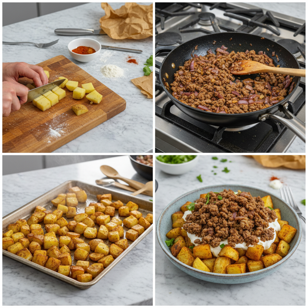 Hands seasoning crispy roasted potatoes on a baking sheet, a key step in preparing a Loaded Potato Taco Bowl.