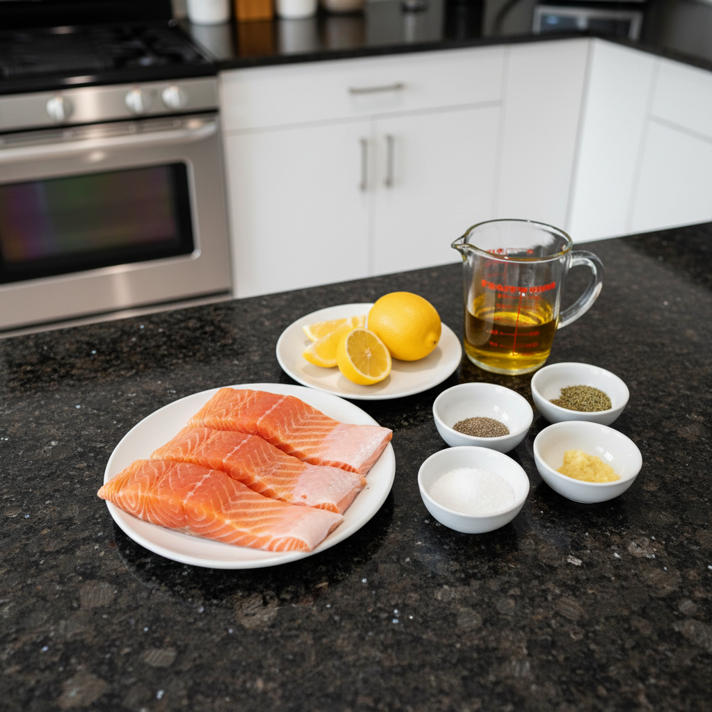 Fresh ingredients for a Low Calorie Baked Salmon Dinner including raw salmon fillets, asparagus, and lemons on a wooden board.