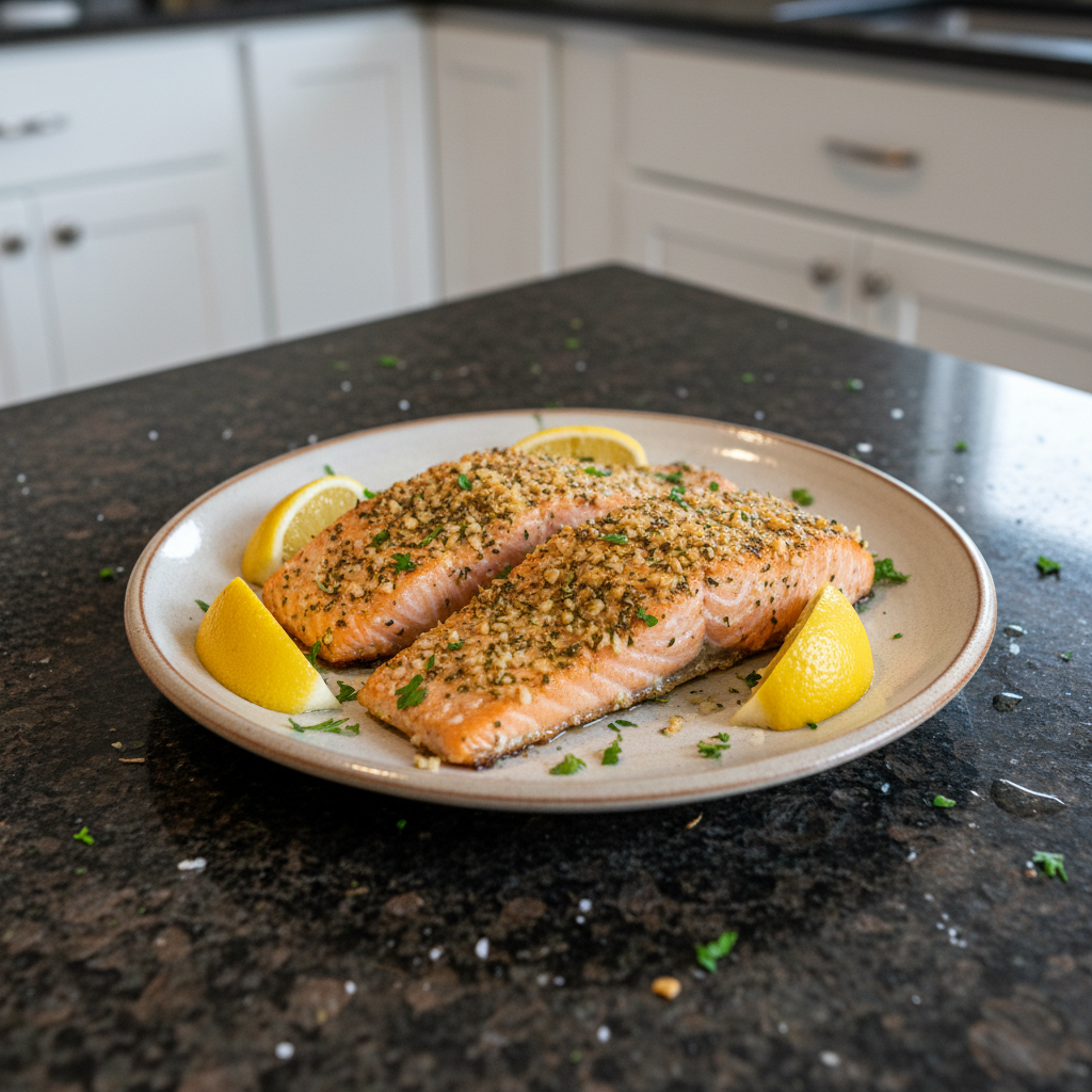 A beautifully plated Low Calorie Baked Salmon Dinner with roasted asparagus and fresh lemon wedges, ready to eat.