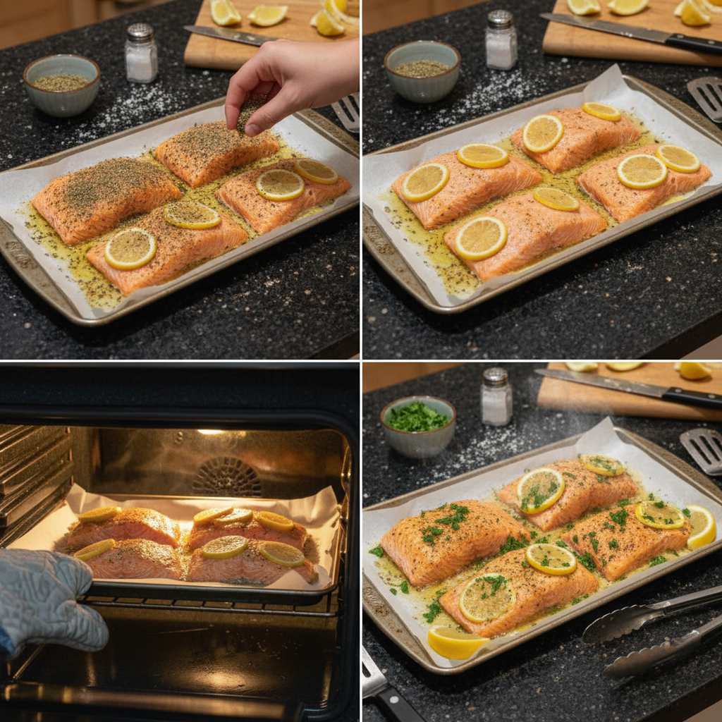 Salmon fillets being seasoned with herbs and lemon slices on a baking sheet, preparing a Low Calorie Baked Salmon Dinner.