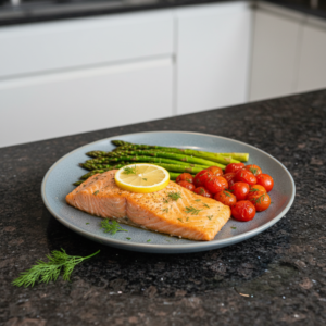 A vibrant and flavorful salmon with roasted asparagus, perfect for low calorie dinner recipes.