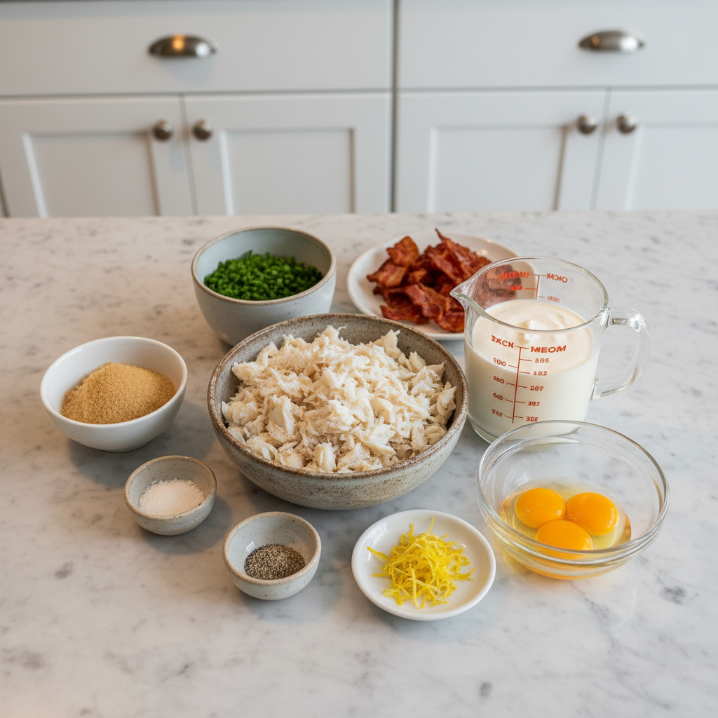 Fresh crab meat, heavy cream, cheeses, and aromatic seasonings laid out for Luxurious Crab Brulee preparation.