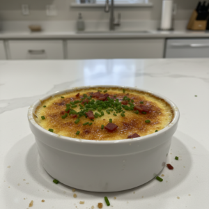 A golden-brown, caramelized Luxurious Crab Brulee served in an elegant ramekin, garnished with fresh herbs.