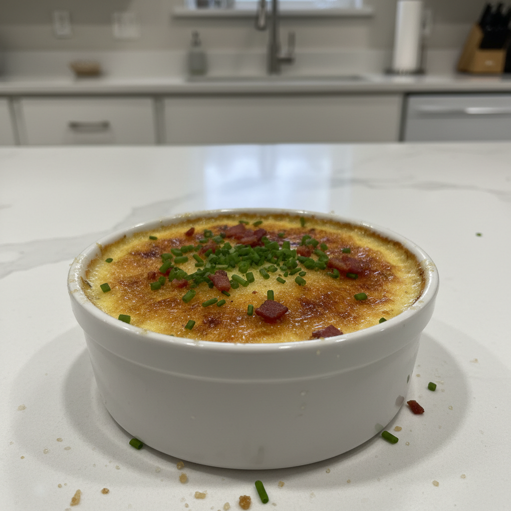A golden-brown, caramelized Luxurious Crab Brulee served in an elegant ramekin, garnished with fresh herbs.