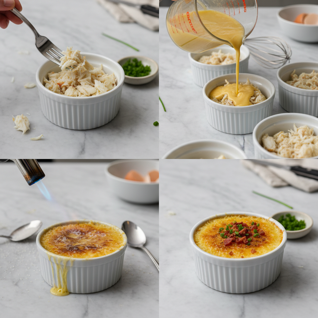 A chef using a kitchen torch to caramelize the sugar topping on a ramekin of Luxurious Crab Brulee.