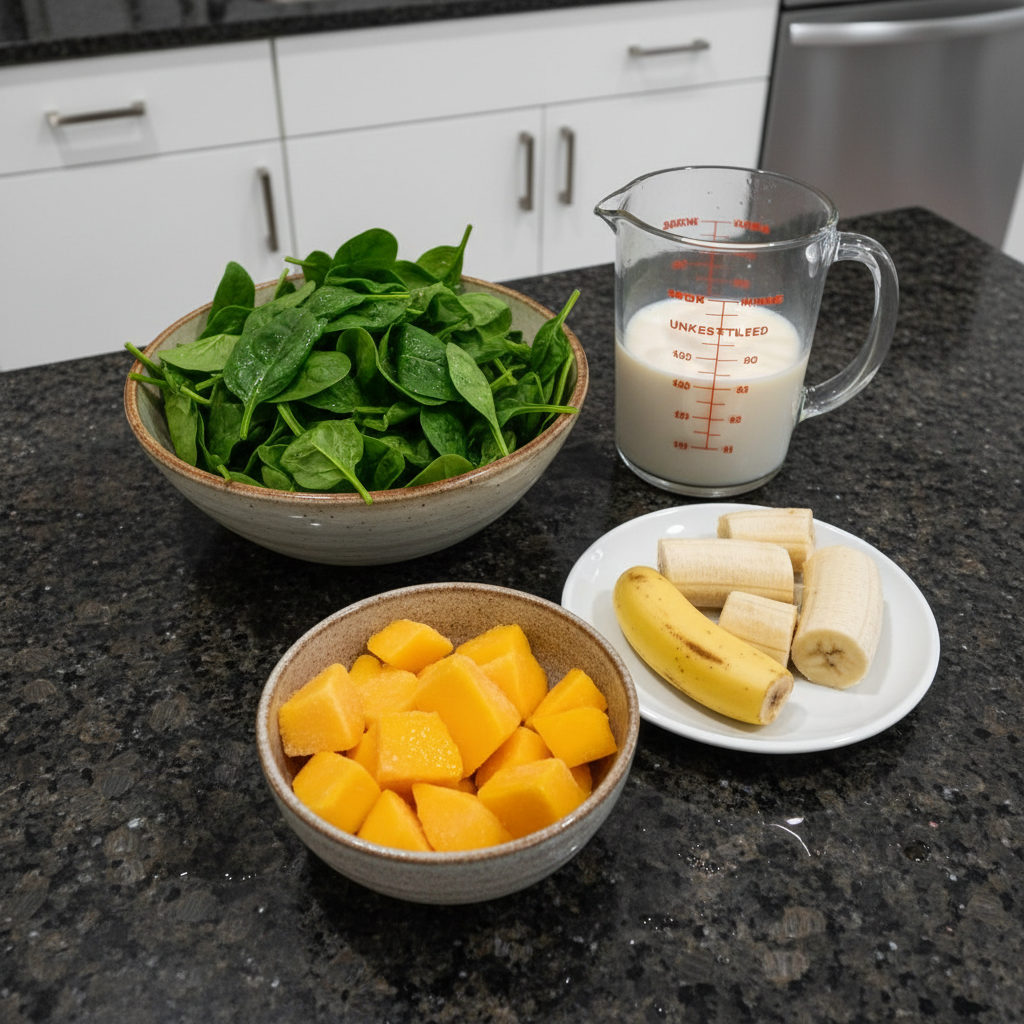 Fresh mango chunks, green spinach leaves, yogurt, and other key ingredients for a Mango Spinach Smoothie laid out.