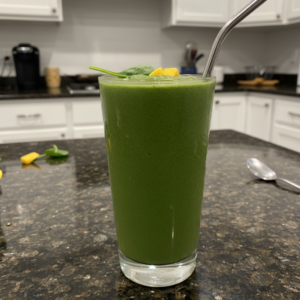 A vibrant green Mango Spinach Smoothie served in a tall glass with a straw, garnished with fresh mint.