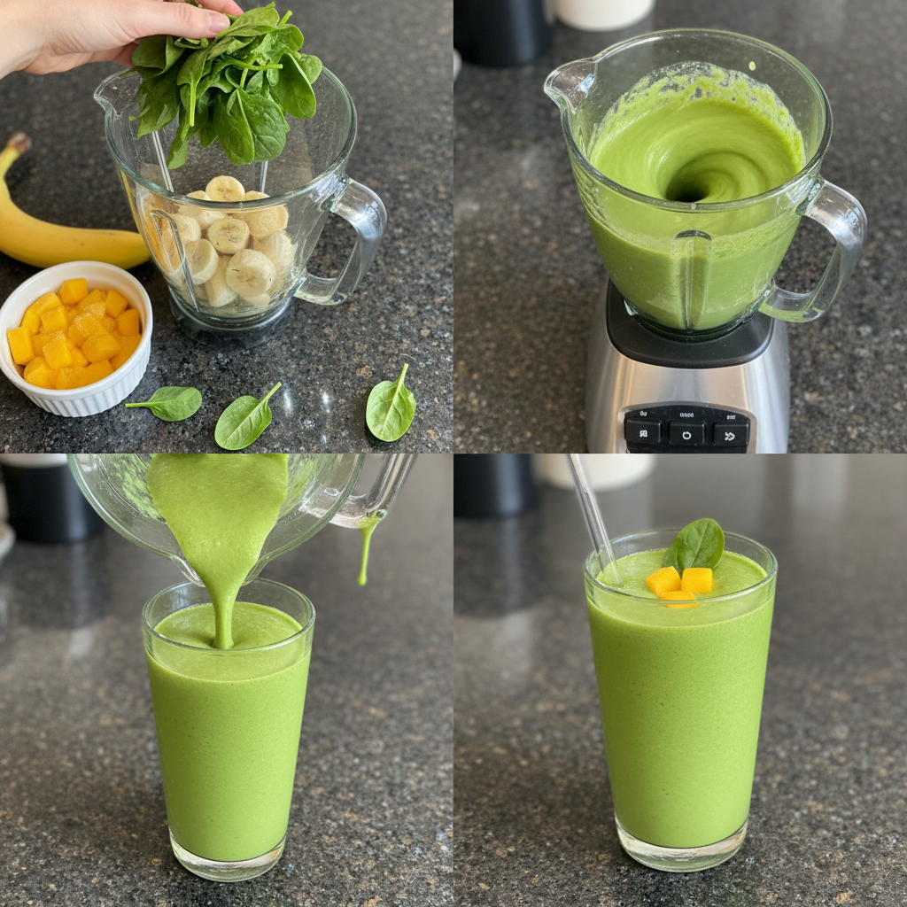 A blender actively mixing fresh mango, spinach, and liquid for a thick Mango Spinach Smoothie.