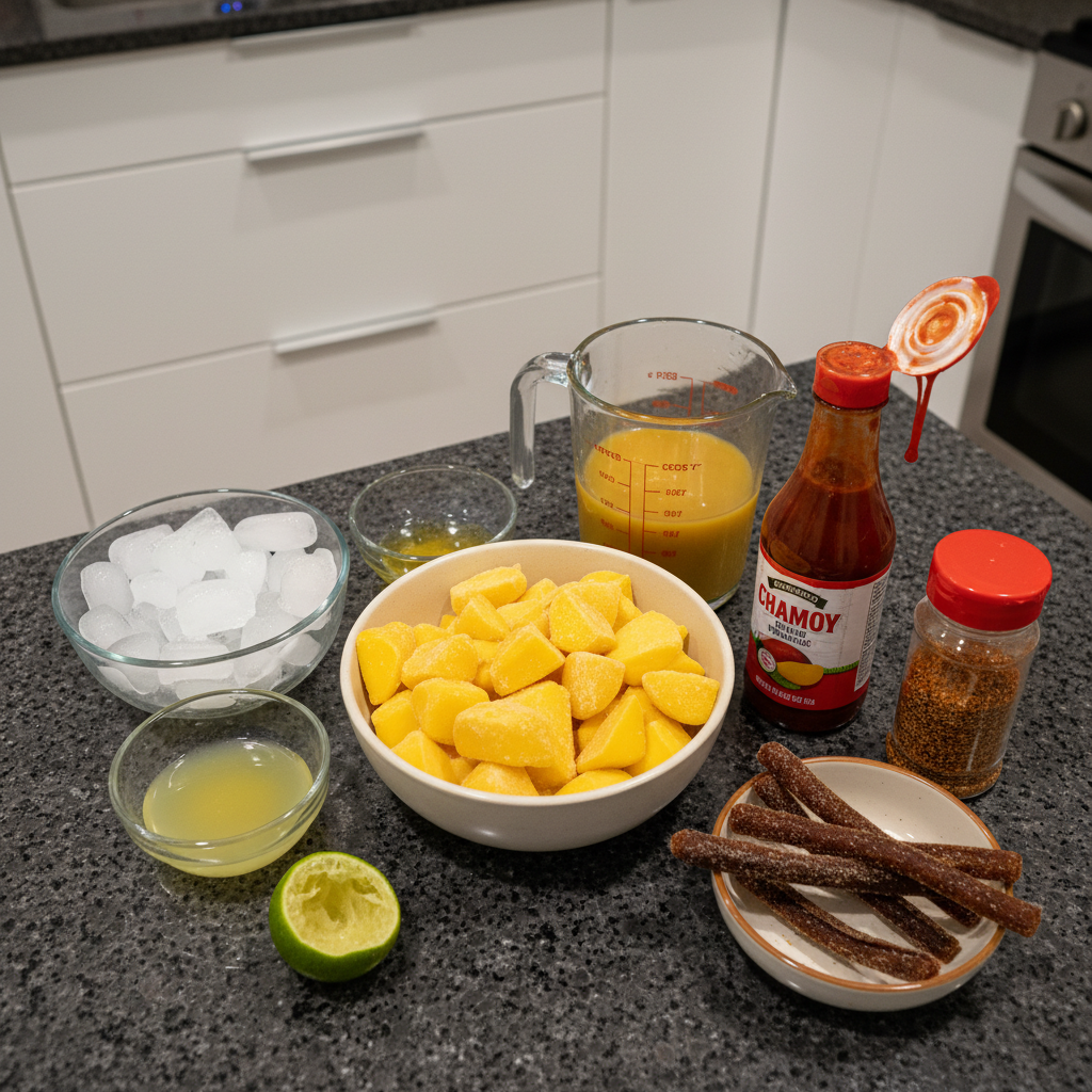 Fresh mango slices, chamoy sauce, Tajín seasoning, lime wedges, and tamarind candy straws laid out for a Mangonada.