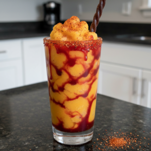 A vibrant, slushy Mangonada in a tall glass, garnished with a tamarind candy straw and chili-lime powder.