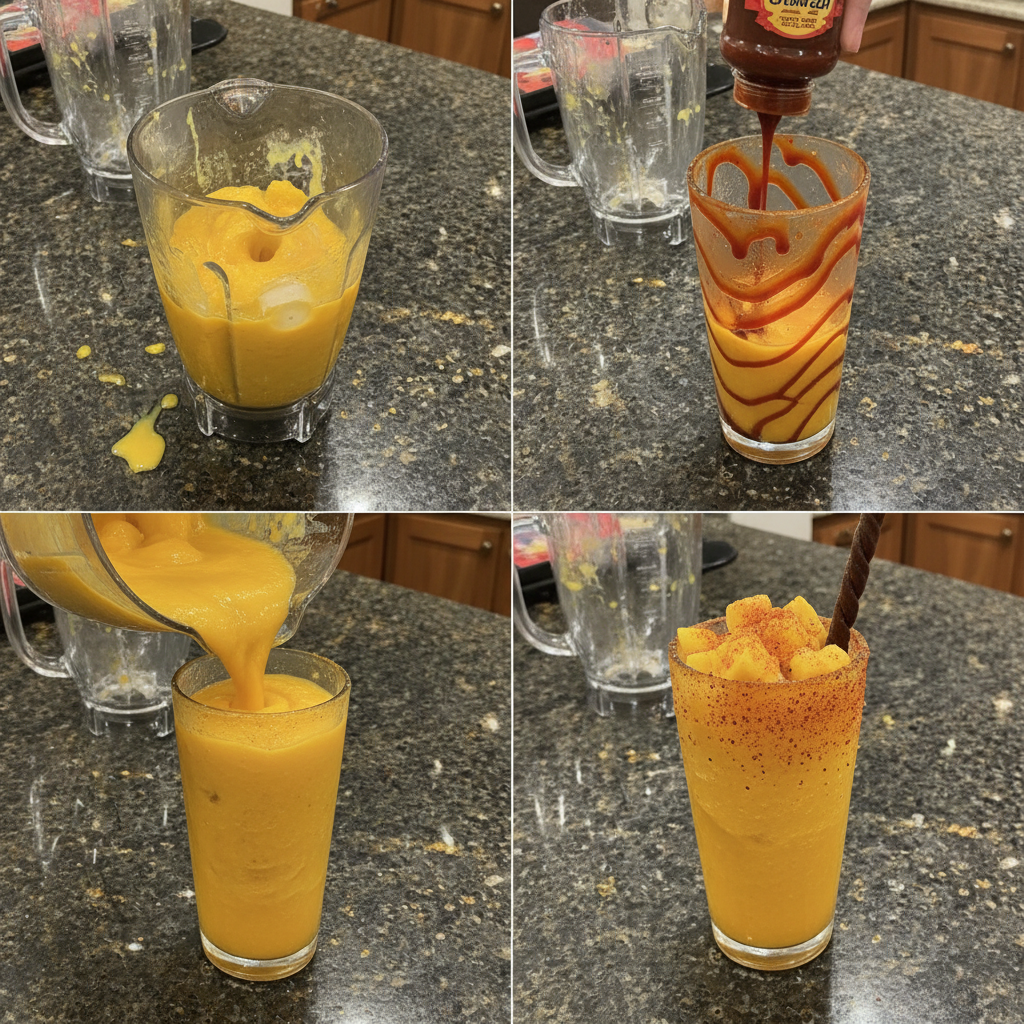A hand pouring golden chamoy sauce down the inside of a glass before adding the blended mango mixture for a Mangonada.