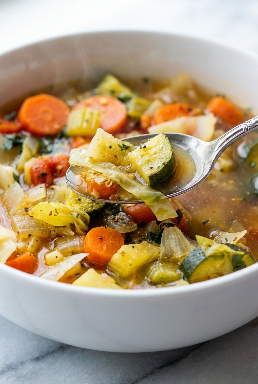 A nourishing bowl of Weight Loss Cabbage Soup placed on a white marble surface near a window with soft natural lighting.