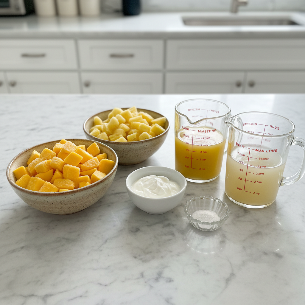 Fresh mango chunks, pineapple pieces, yogurt, ice, and juice, neatly laid out for the McDonalds Mango Pineapple Smoothie Copycat ingredients.
