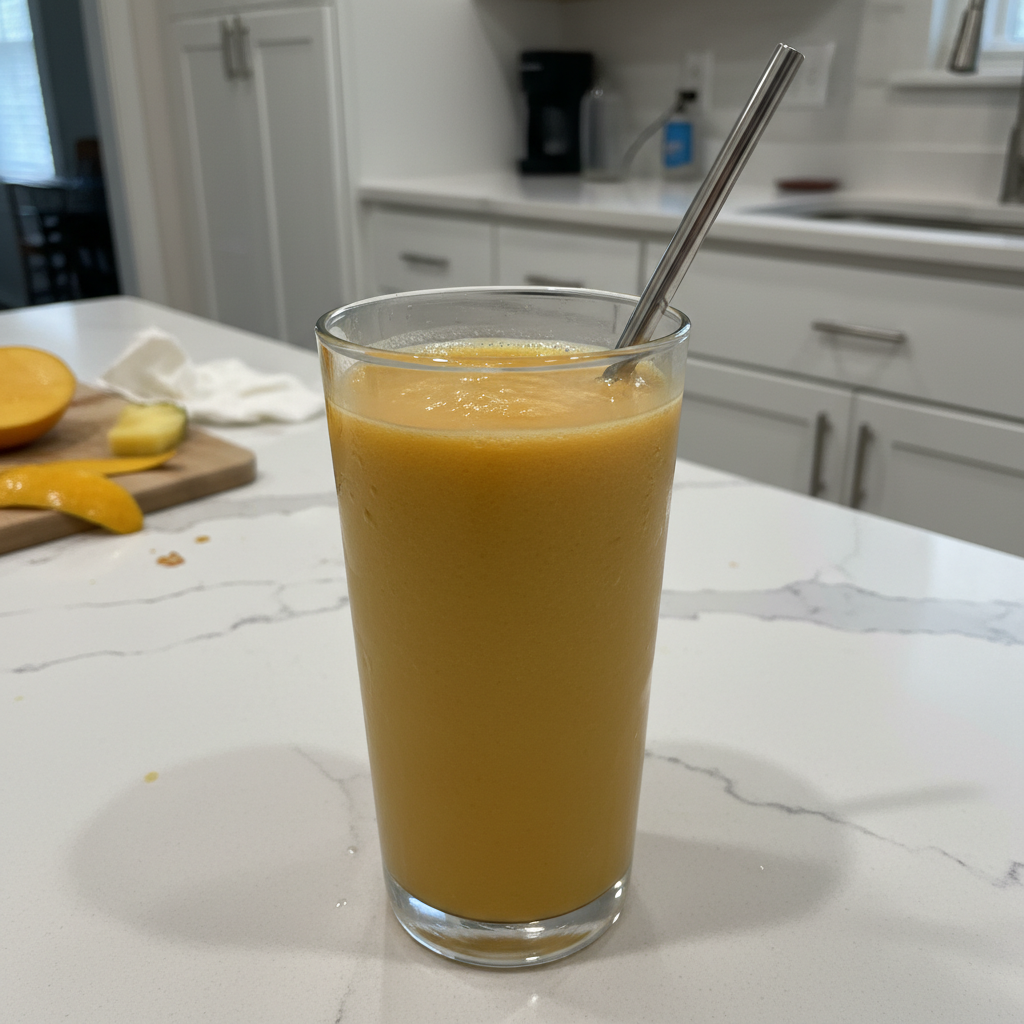 A vibrant yellow McDonalds Mango Pineapple Smoothie Copycat in a tall glass with a straw, garnished with a pineapple wedge.