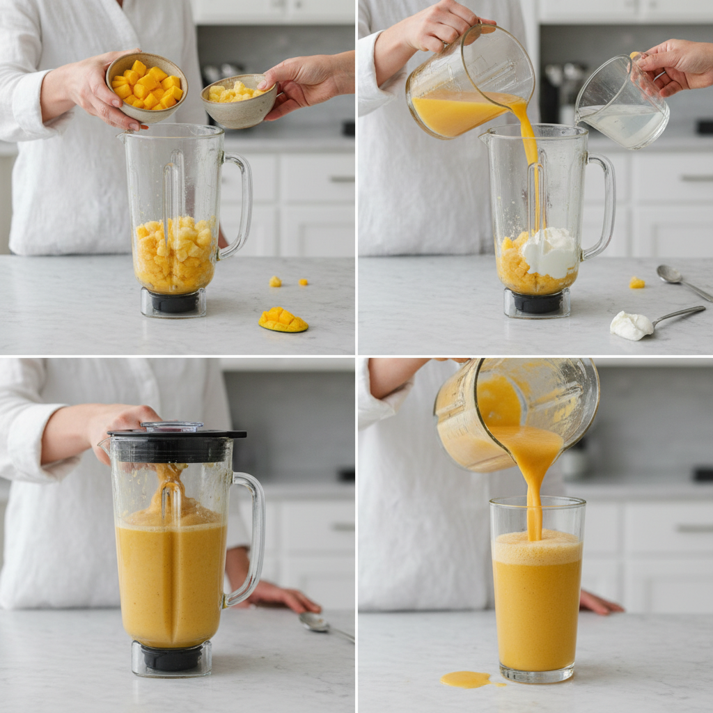 Tropical fruits, yogurt, and ice are whirled together in a blender, making a smooth McDonalds Mango Pineapple Smoothie Copycat.
