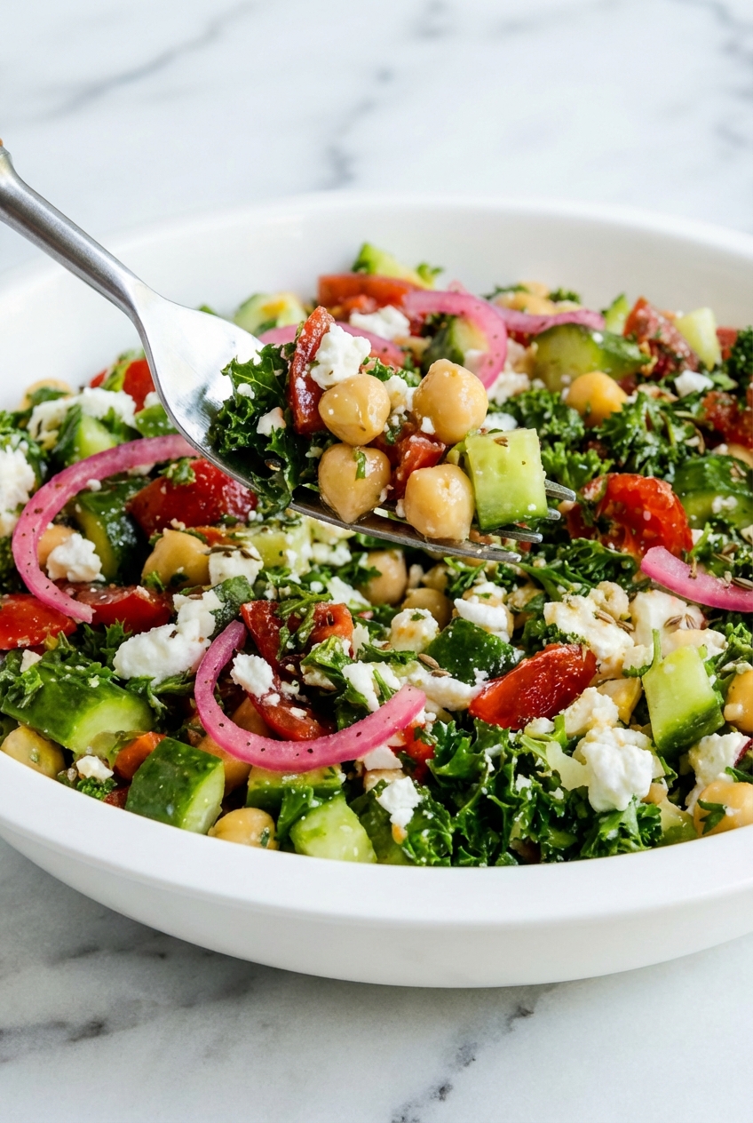 Close-up of Chickpea Salad with Cucumbers and Tomatoes highlighting the creamy feta cheese and vibrant sumac spices.